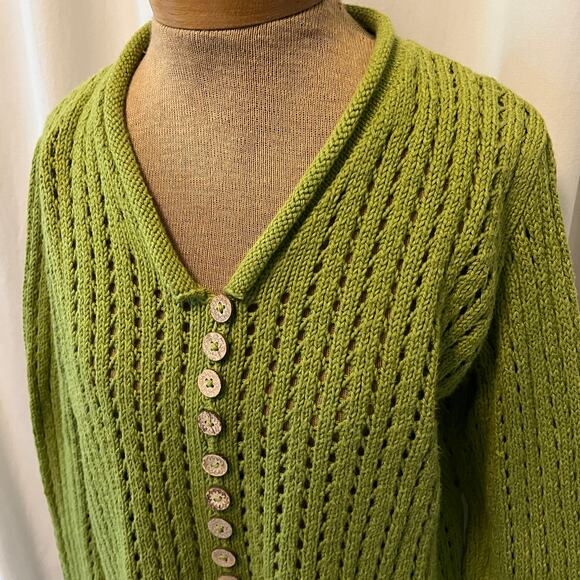 Pure Handknit Women's Canadian Loose Knit Cotton Green Sweater Cardigan M - Picture 5 of 11
